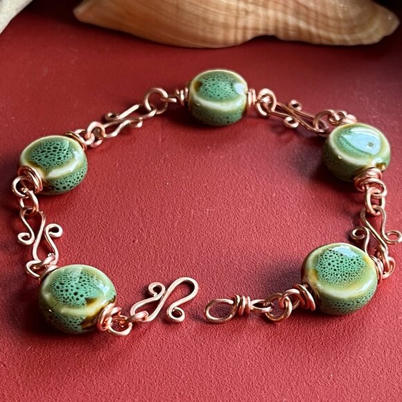 Boho Ceramic Bead Bracelet Copper Swirl Boho Handmade Jewelry Green - Picture 6 of 6